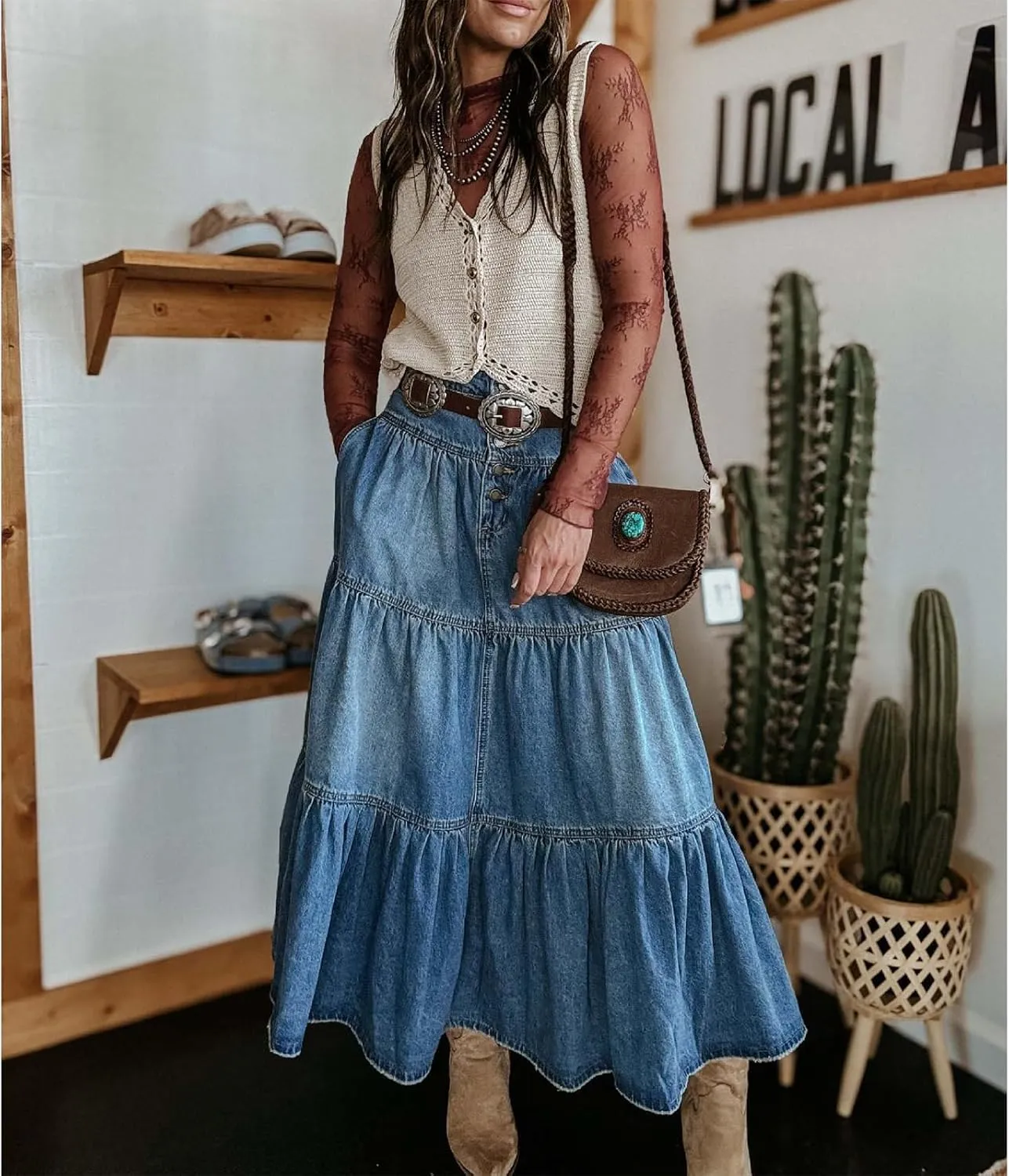 Mxiqqpltky Long Denim Skirts for Women High Waist Button-Fly Pleated Ruffle Maxi Jean Skirt Summer Flowy A-Line Tiered Skirts