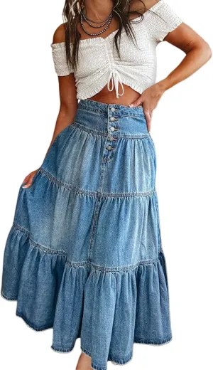 Mxiqqpltky Long Denim Skirts for Women High Waist Button-Fly Pleated Ruffle Maxi Jean Skirt Summer Flowy A-Line Tiered Skirts
