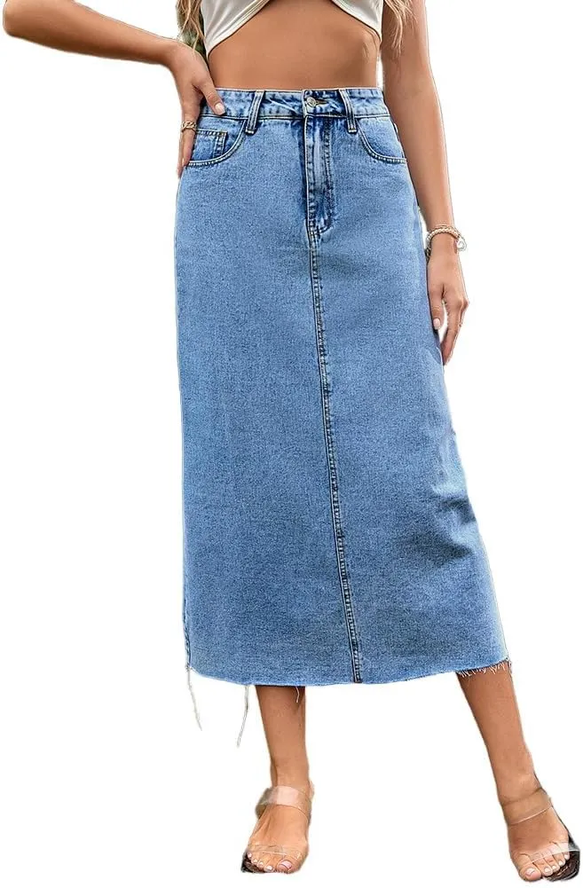 Mywinway Jean Skirts for Women Denim 2025 Spring Summer Elastic High Waisted Pencil Bodycon Long Midi Skirts
