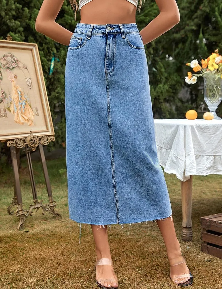 Mywinway Jean Skirts for Women Denim 2025 Spring Summer Elastic High Waisted Pencil Bodycon Long Midi Skirts