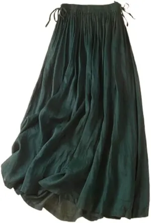 Mywinway Linen Skirts for Women Spring Summer Elastic High Waisted Causal Drawstring Pleated Midi Skirt