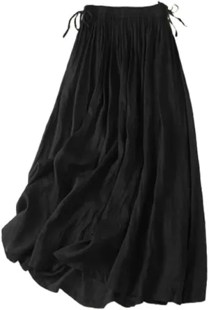 Mywinway Linen Skirts for Women Spring Summer Elastic High Waisted Causal Drawstring Pleated Midi Skirt