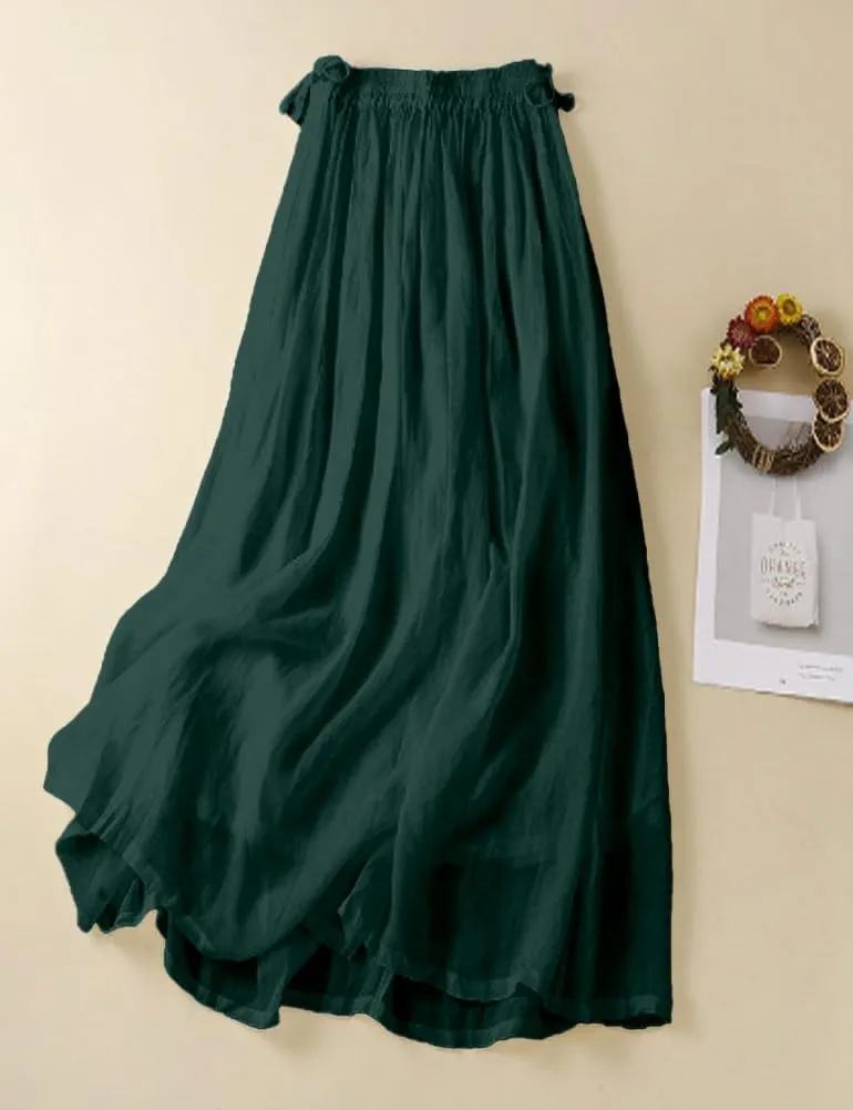 Mywinway Linen Skirts for Women Spring Summer Elastic High Waisted Causal Drawstring Pleated Midi Skirt