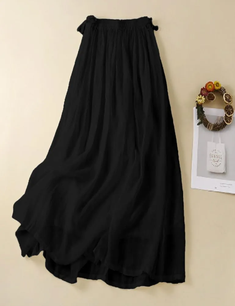 Mywinway Linen Skirts for Women Spring Summer Elastic High Waisted Causal Drawstring Pleated Midi Skirt