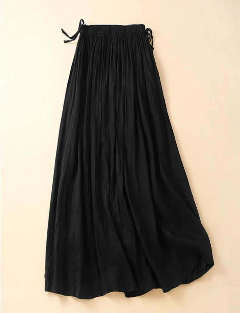 Mywinway Linen Skirts for Women Spring Summer Elastic High Waisted Causal Drawstring Pleated Midi Skirt
