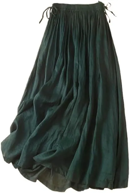 Mywinway Linen Skirts for Women Spring Summer Elastic High Waisted Causal Drawstring Pleated Midi Skirt
