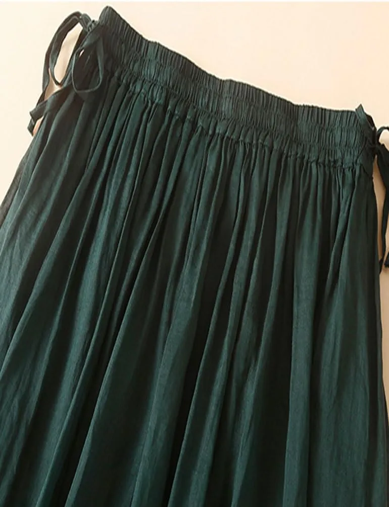 Mywinway Linen Skirts for Women Spring Summer Elastic High Waisted Causal Drawstring Pleated Midi Skirt