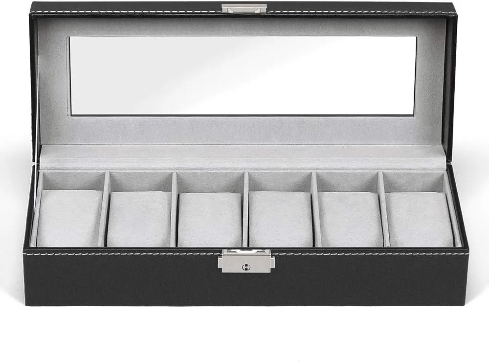 NEX 6 Slots Watch Box Organizer for Men, Black Watch Holder Stand Display Storage Case