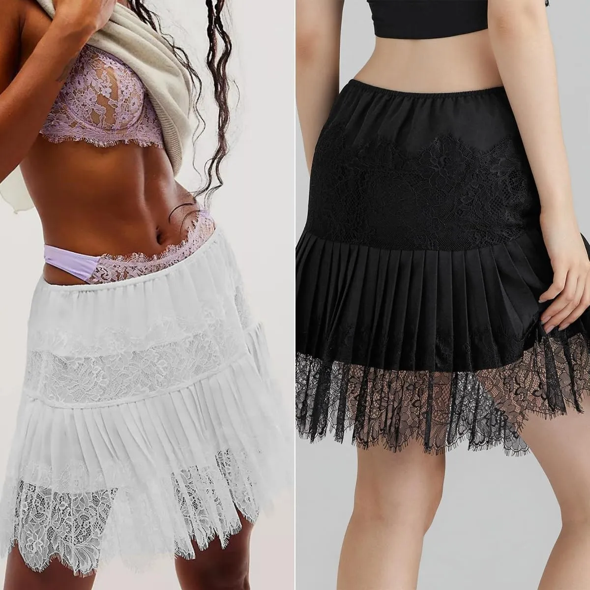 niyokki Women's Y2k Vintage Skirts Lace Slip Skirt Pleated Ruffle Floral Lace Tiered Short Mini Underskirt