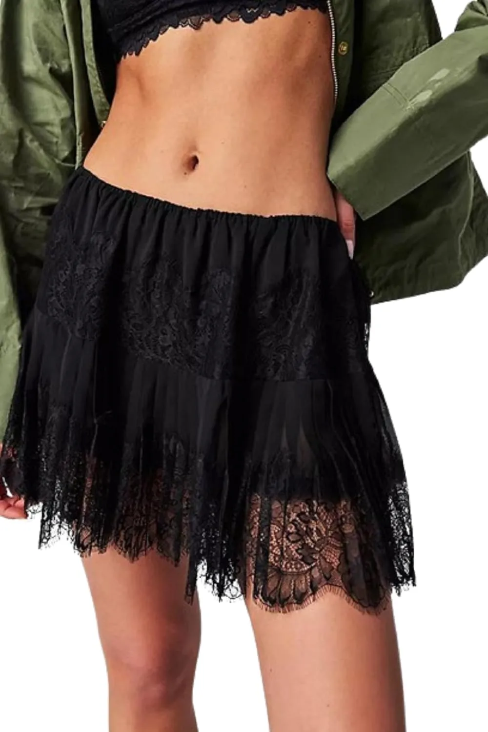 niyokki Women's Y2k Vintage Skirts Lace Slip Skirt Pleated Ruffle Floral Lace Tiered Short Mini Underskirt