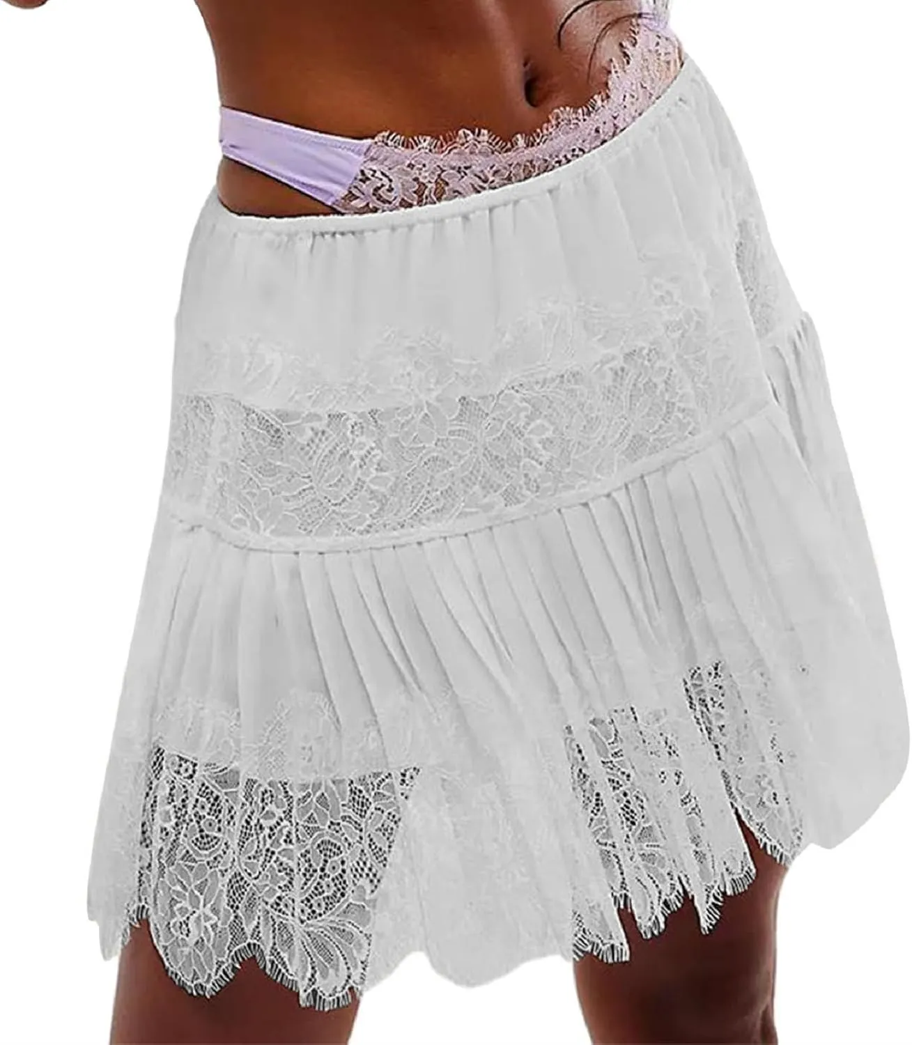 niyokki Women's Y2k Vintage Skirts Lace Slip Skirt Pleated Ruffle Floral Lace Tiered Short Mini Underskirt