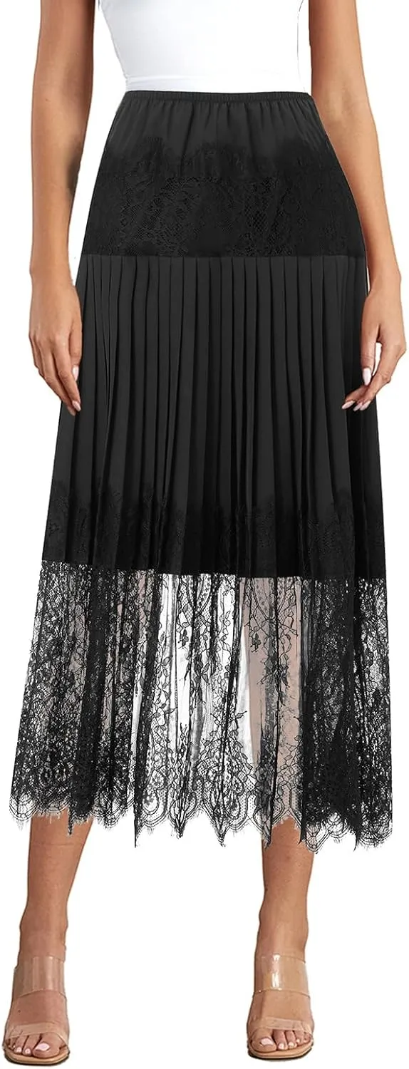 NUFIWI Women Y2k Lace Long Skirts Low Rise Half Slip Skirts Lace Long Underskirts Floral Lace Ruffle Pleated Skirts