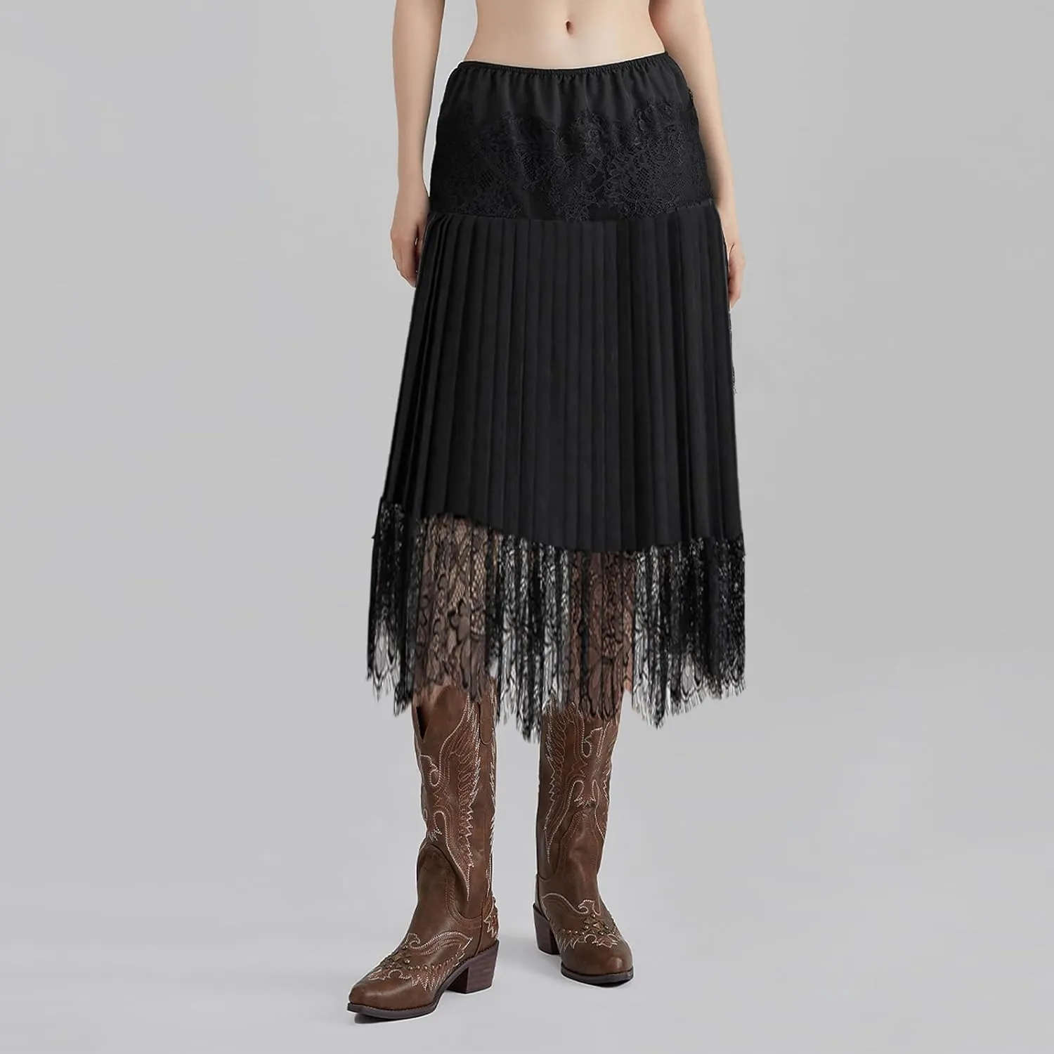 NUFIWI Women Y2k Lace Long Skirts Low Rise Half Slip Skirts Lace Long Underskirts Floral Lace Ruffle Pleated Skirts