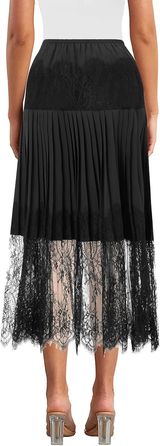 NUFIWI Women Y2k Lace Long Skirts Low Rise Half Slip Skirts Lace Long Underskirts Floral Lace Ruffle Pleated Skirts