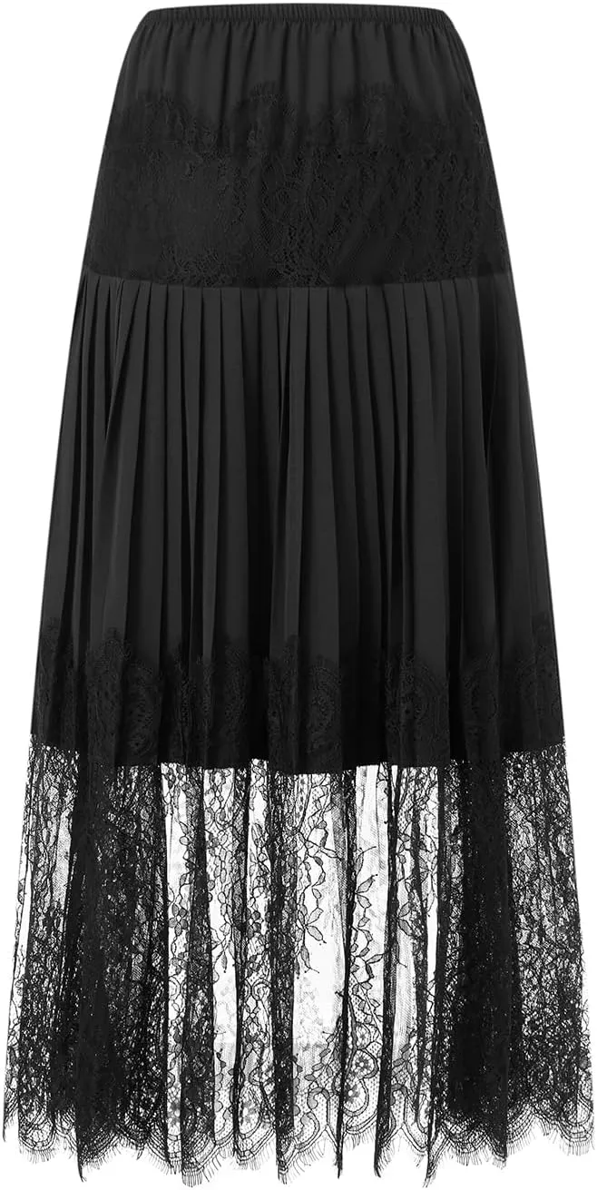 NUFIWI Women Y2k Lace Long Skirts Low Rise Half Slip Skirts Lace Long Underskirts Floral Lace Ruffle Pleated Skirts