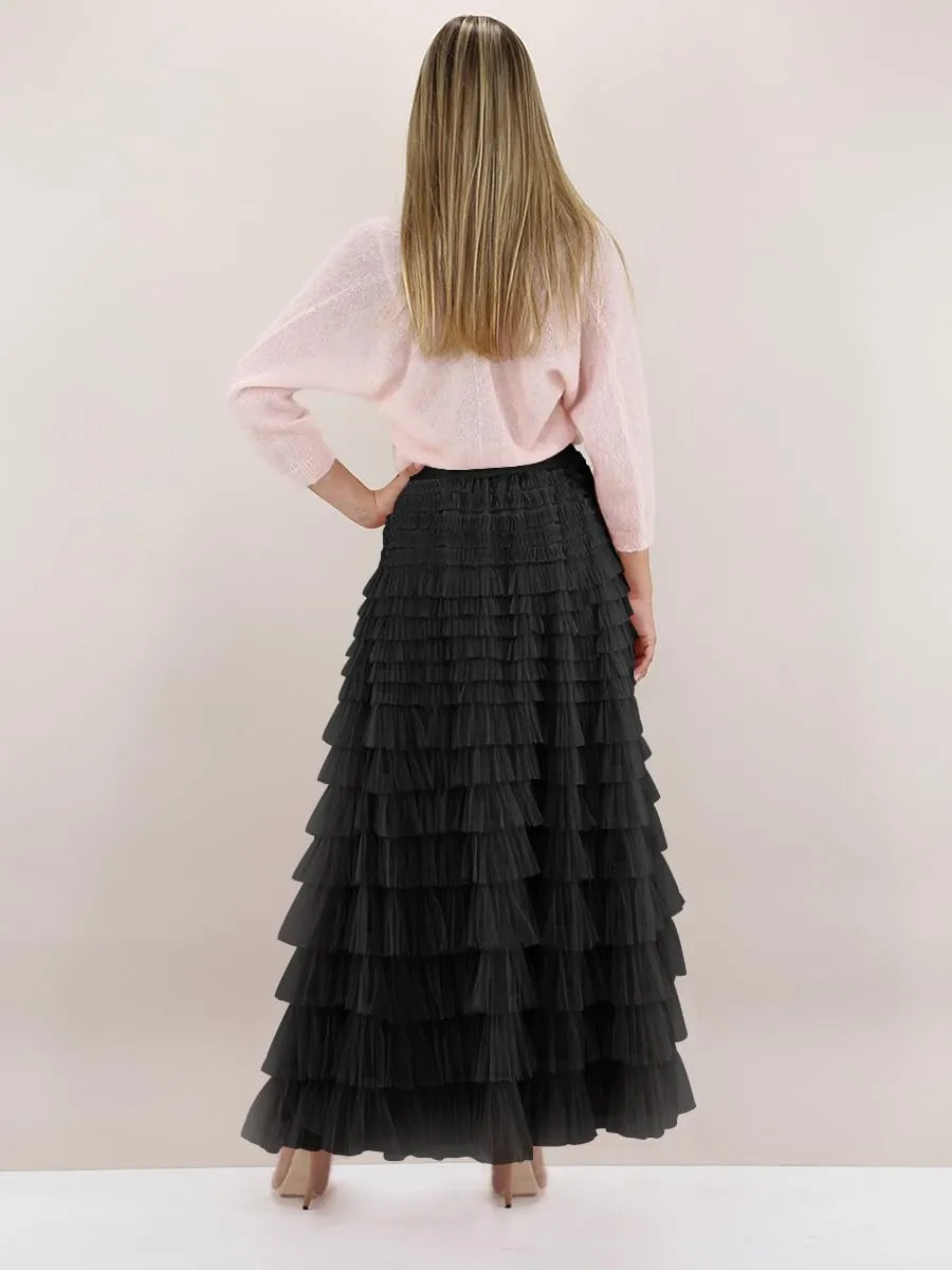 NUFIWI Womens Tiered A Line Skirt Tulle High Waist Layered Mesh Tutu Maxi Skirts Ruffles Long Party Skirt