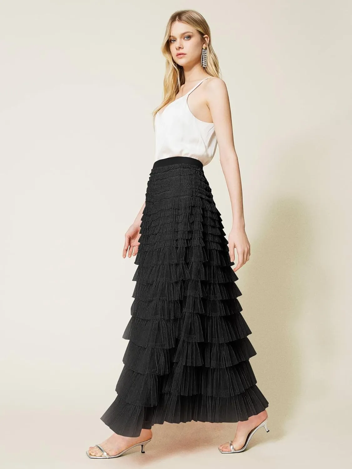 NUFIWI Womens Tiered A Line Skirt Tulle High Waist Layered Mesh Tutu Maxi Skirts Ruffles Long Party Skirt