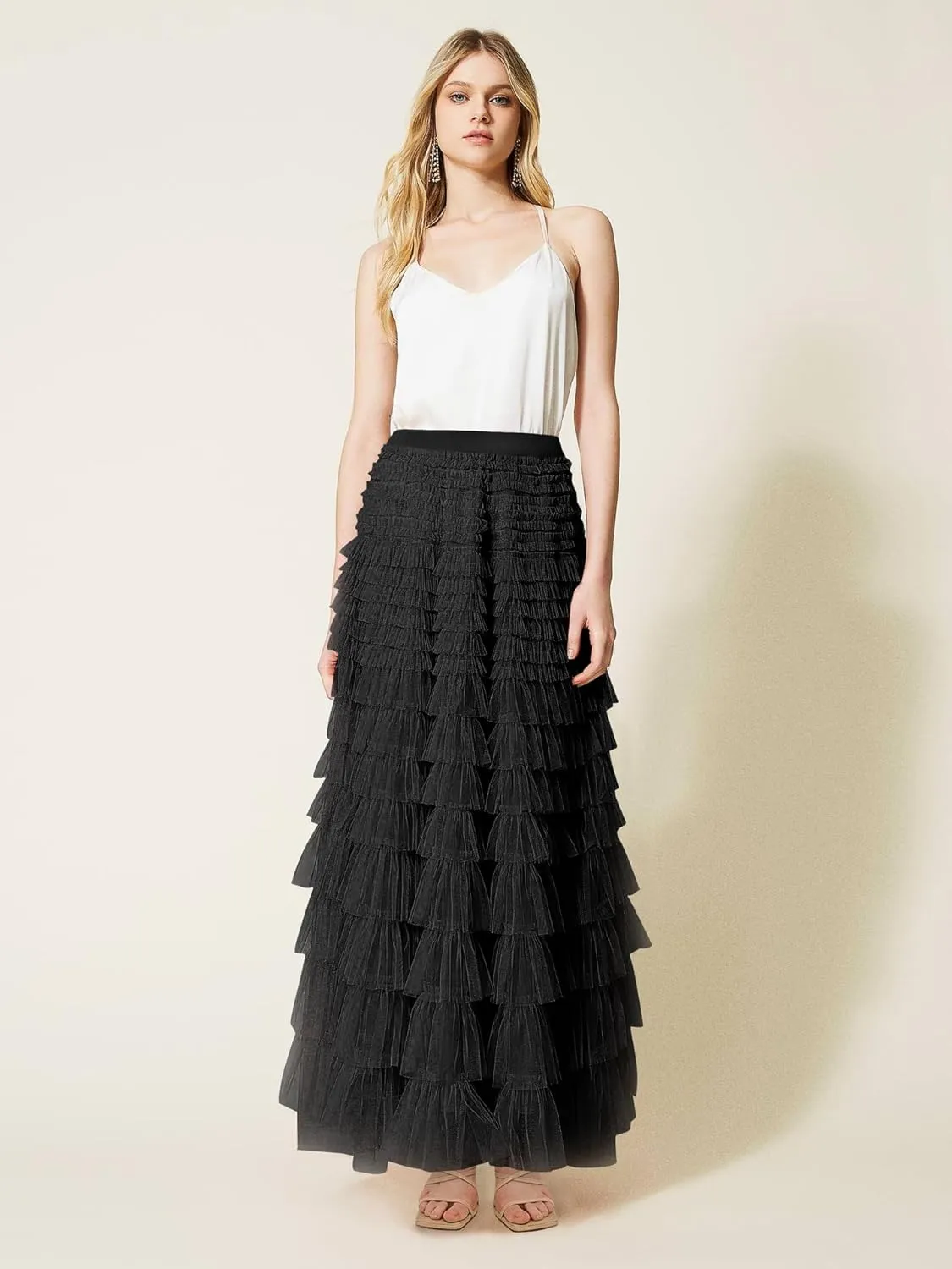 NUFIWI Womens Tiered A Line Skirt Tulle High Waist Layered Mesh Tutu Maxi Skirts Ruffles Long Party Skirt