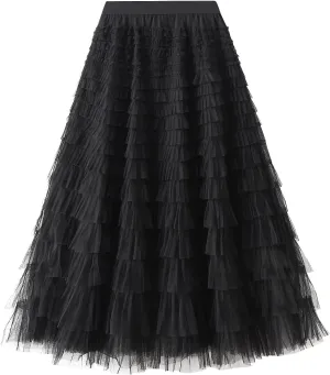 NUFIWI Womens Tiered A Line Skirt Tulle High Waist Layered Mesh Tutu Maxi Skirts Ruffles Long Party Skirt
