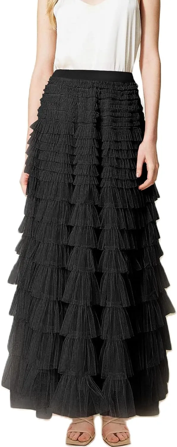 NUFIWI Womens Tiered A Line Skirt Tulle High Waist Layered Mesh Tutu Maxi Skirts Ruffles Long Party Skirt
