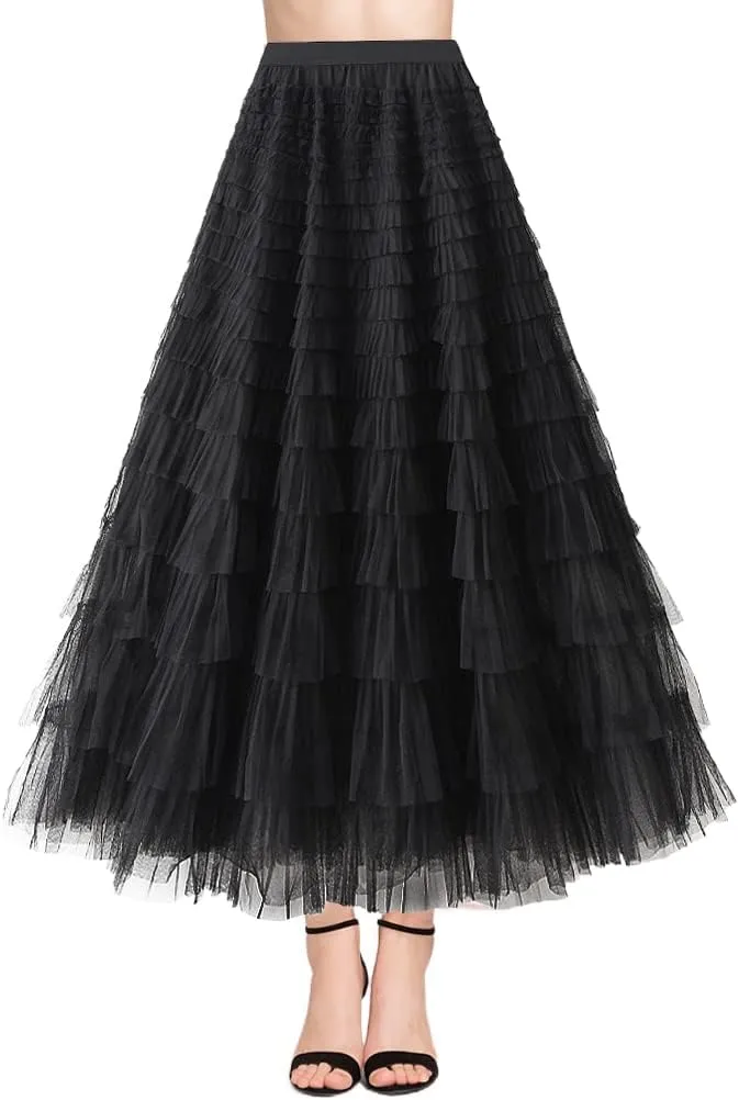 NUFIWI Womens Tiered A Line Skirt Tulle High Waist Layered Mesh Tutu Maxi Skirts Ruffles Long Party Skirt