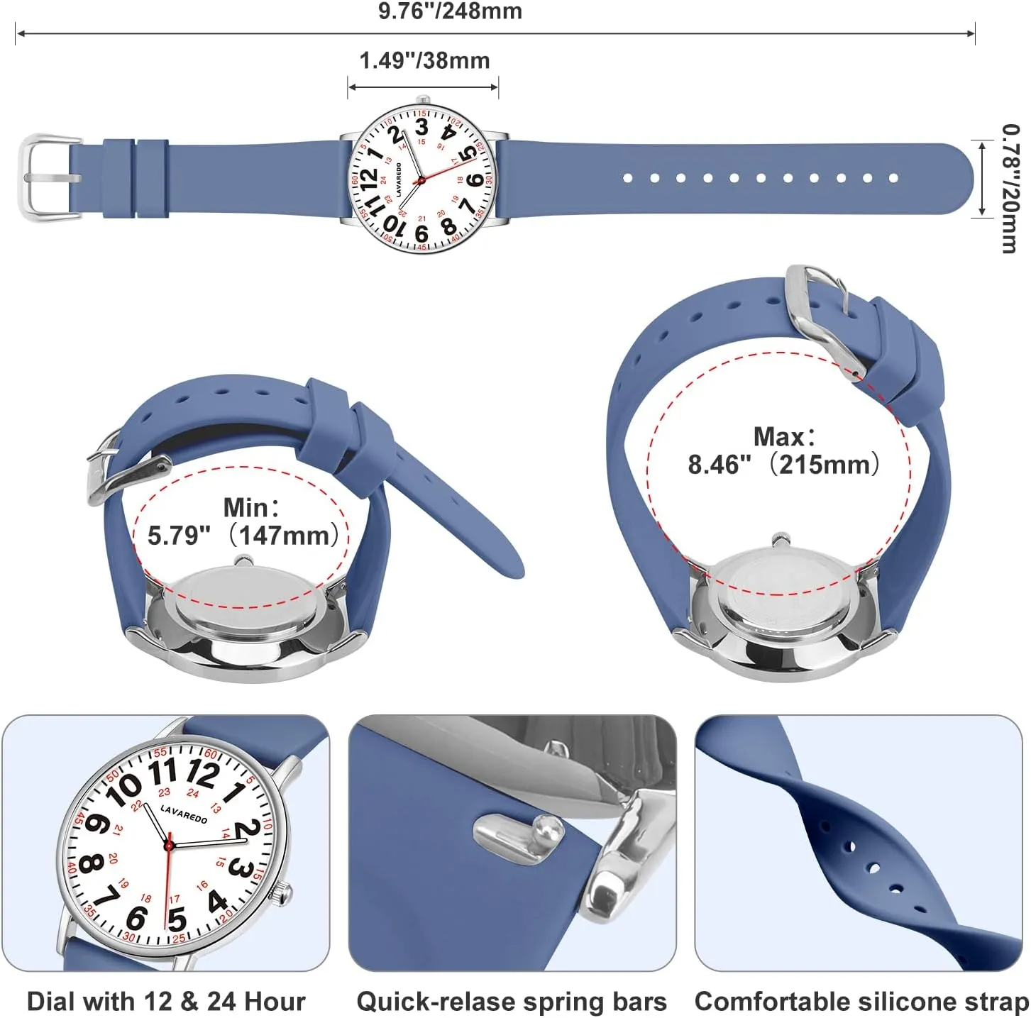Nurse Watch for Nurses Doctors Women Men,Waterproof Analog Watches with Luminous Dial and Japanese Quartz Movement,Easy to Read Military Time Watch with Second Hand, 12/24 Hours,Silicone Band