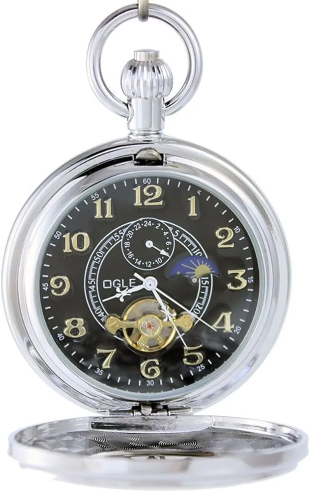 OGLE Waterproof Roman Tourbillon Phases Moon Chain Fob Skeleton Automatic Mechanical Pocket Watch