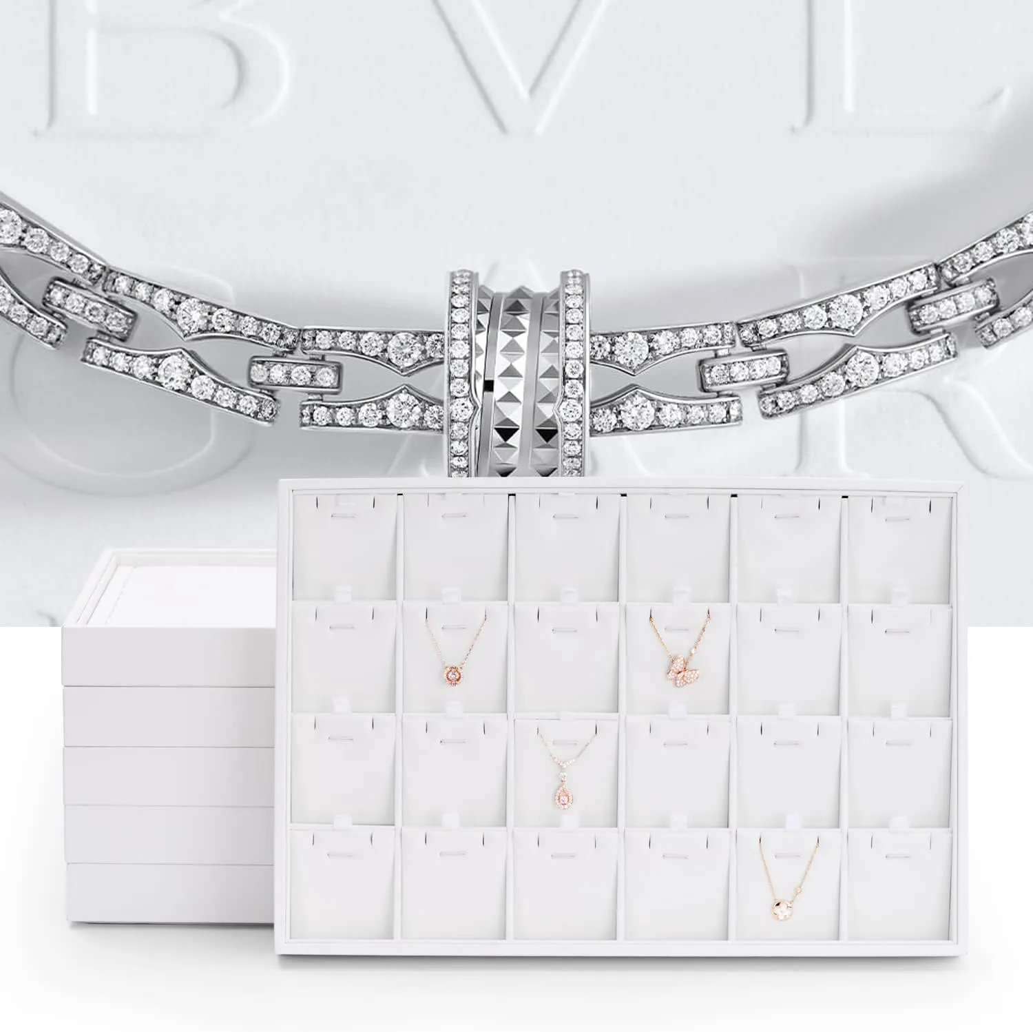 Oirlv Premium White Leather Stackable Jewelry Tray Ring Holder Organizer Showcase Ring Earring Display