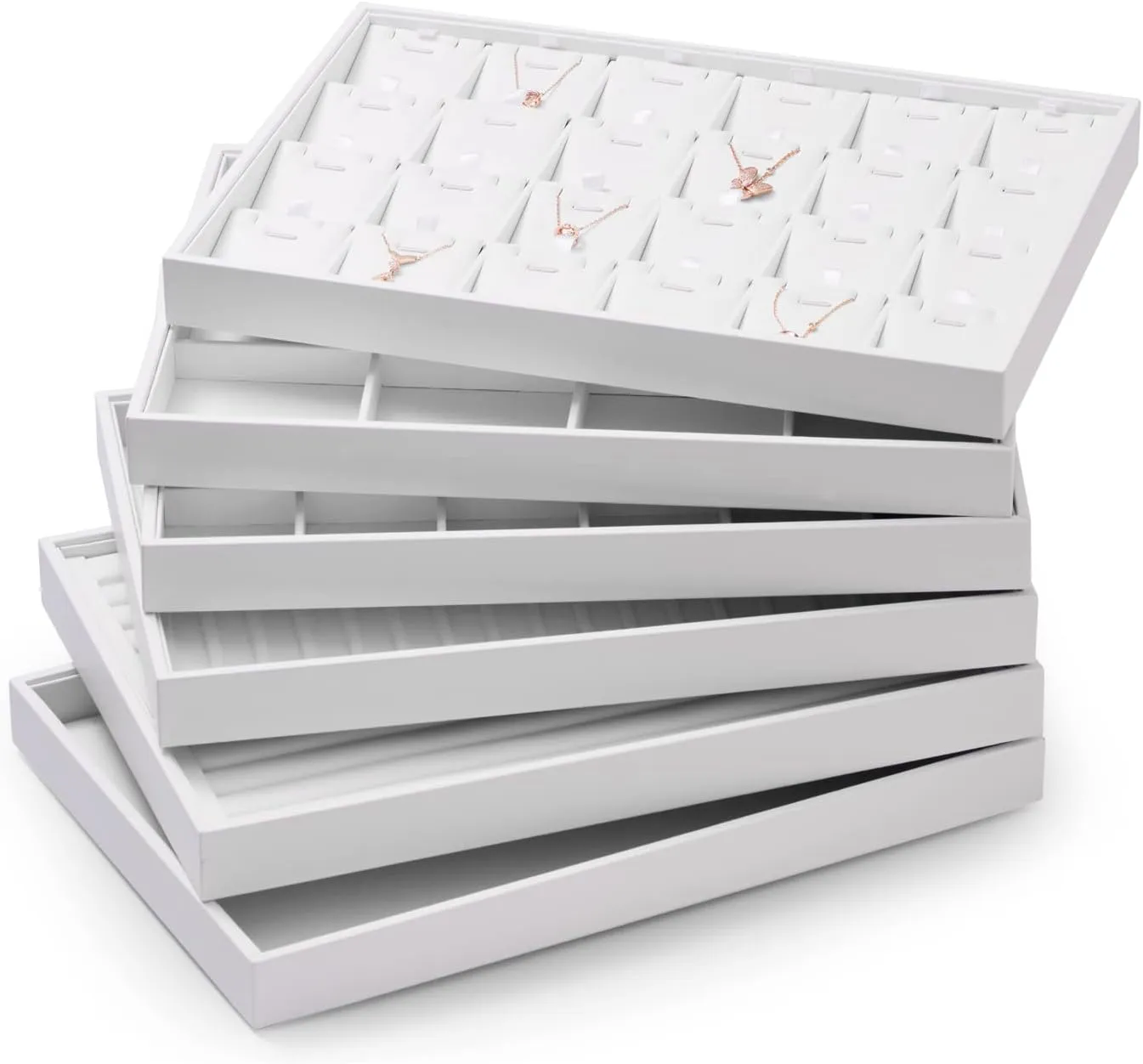 Oirlv Premium White Leather Stackable Jewelry Tray Ring Holder Organizer Showcase Ring Earring Display