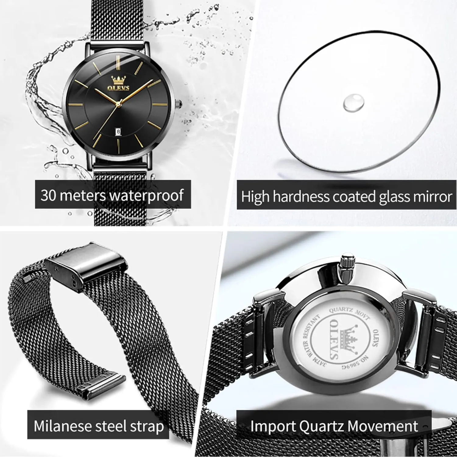 OLEVS Women's Watches, 6.5mm Ultra-Thin Big Face Business Casual Ladies Watch, Japanese Quartz Female Dress Watch with Date Mesh Bracelet Waterproof (White/Blue/Black Dial)