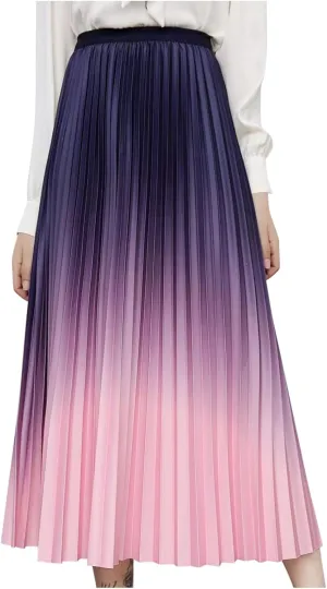 Ombre Pleated Midi Skirt for Women Gradient High Waist Flowing A Line Skirts Fashion Spring Summer Dress