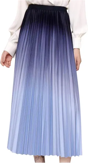 Ombre Pleated Midi Skirt for Women Gradient High Waist Flowing A Line Skirts Fashion Spring Summer Dress
