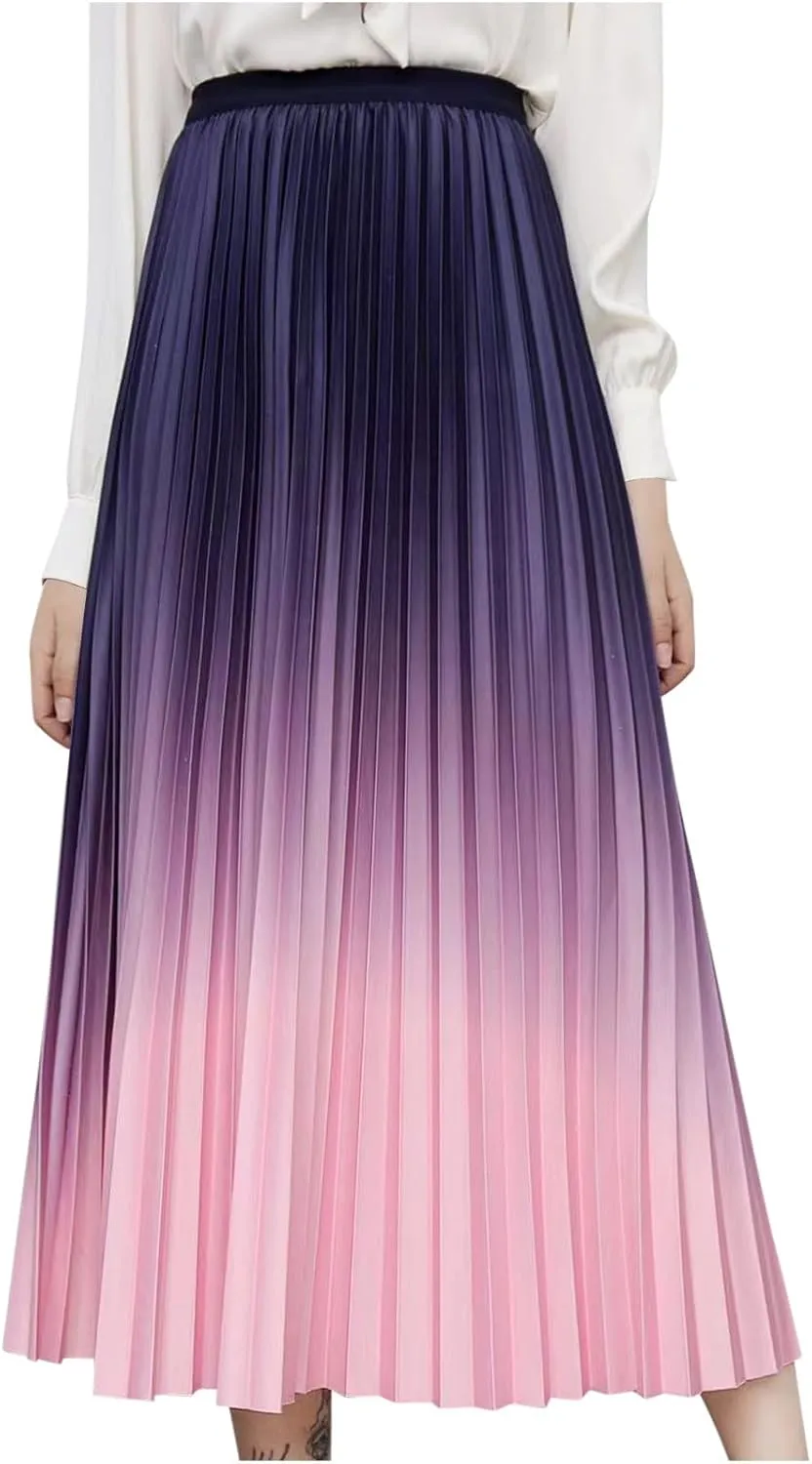 Ombre Pleated Midi Skirt for Women Gradient High Waist Flowing A Line Skirts Fashion Spring Summer Dress