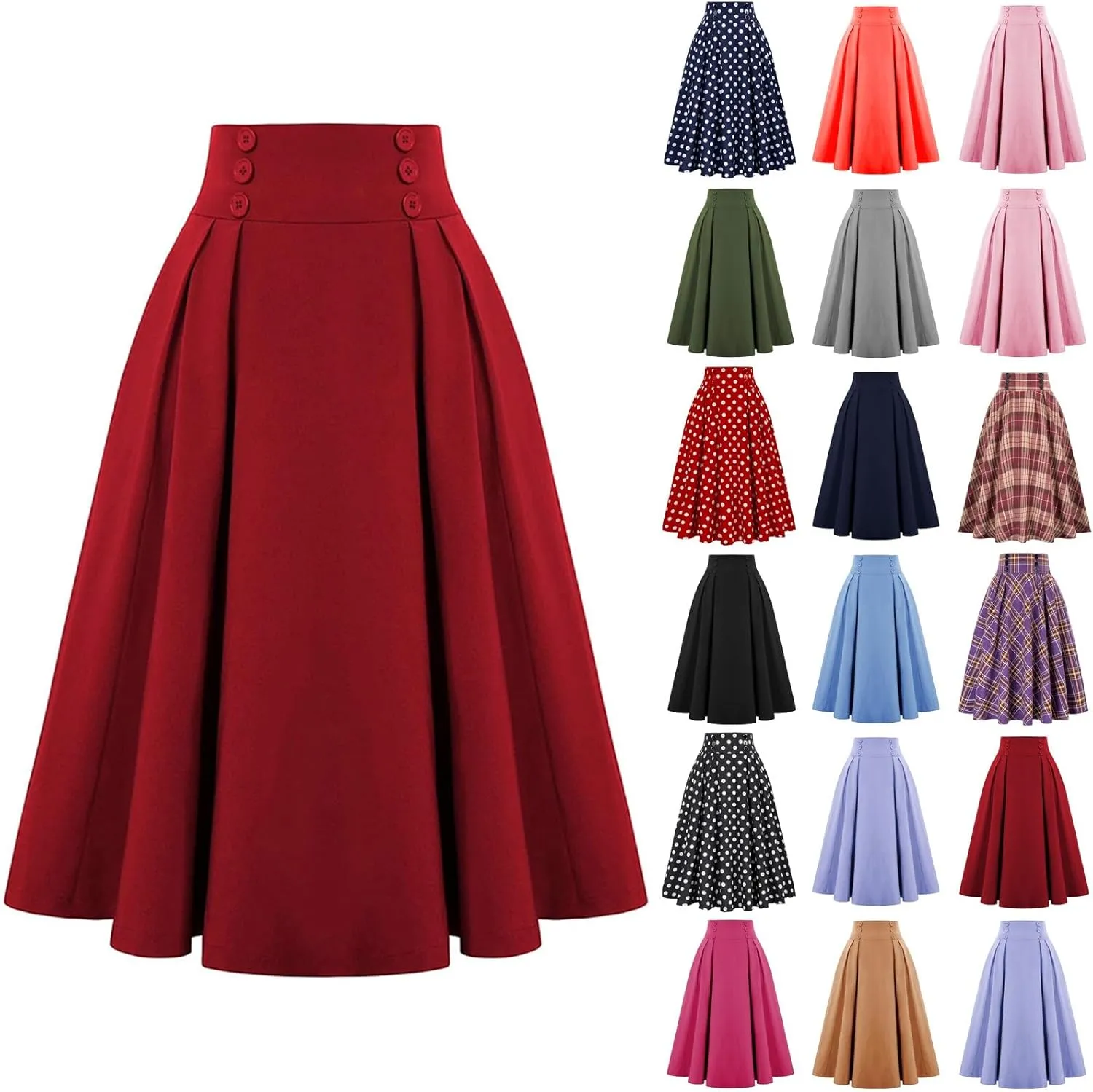 Plaid Skirts for Women High Waist A Line Bodycon Cute Midi Skirts Fall Winter Comfy Knee Length Skirt with Pockets