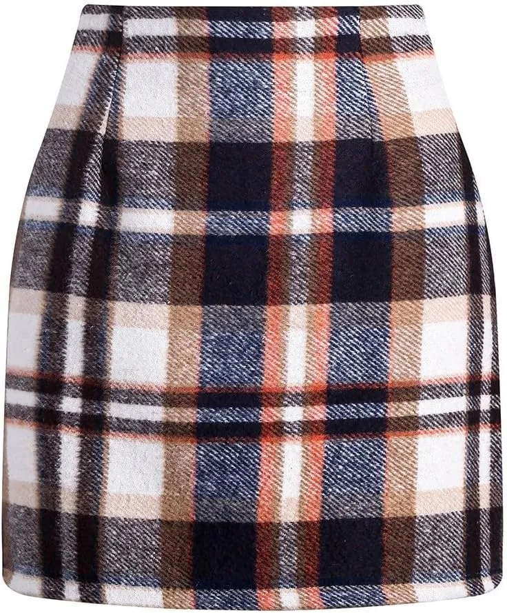 Plaid Skirts for Women Mini Skirts High Waisted Short Wool Skirts A Line Knee Length Pencil Skirt