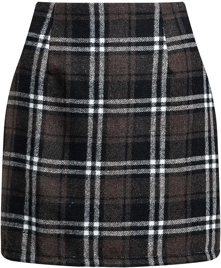Plaid Skirts for Women Mini Skirts High Waisted Short Wool Skirts A Line Knee Length Pencil Skirt