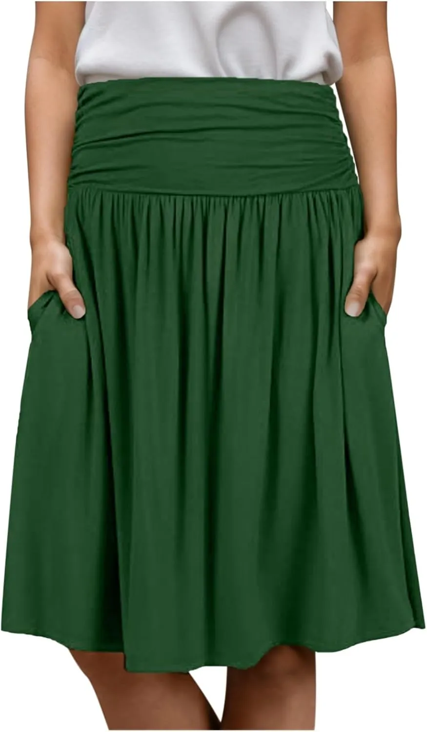 Pleated Midi Skirts for Women 2025 Summer High Waisted Solid Color Flowy A-Line Skirt with Pockets