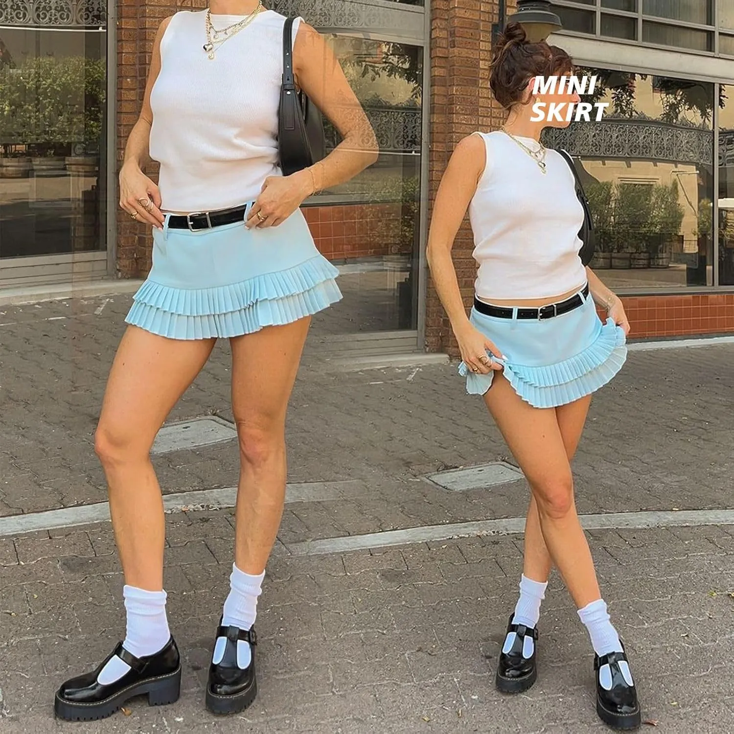 Pleated Skirts for Women Double Ruffle Mini Skirt Low Rise Sexy Pleated Skort for Going Out and Layered Ruffle Skirt