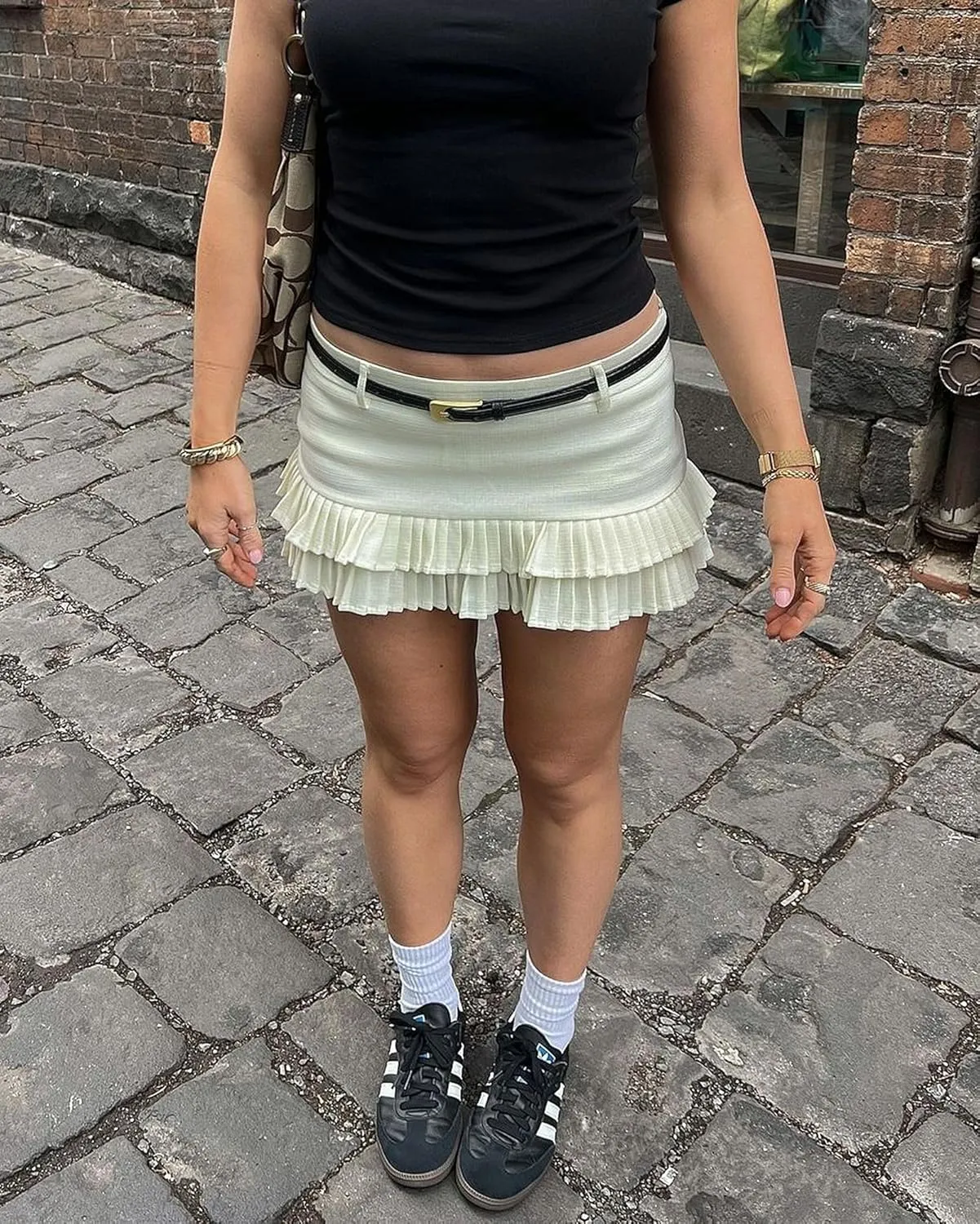 Pleated Skirts for Women Double Ruffle Mini Skirt Low Rise Sexy Pleated Skort for Going Out and Layered Ruffle Skirt