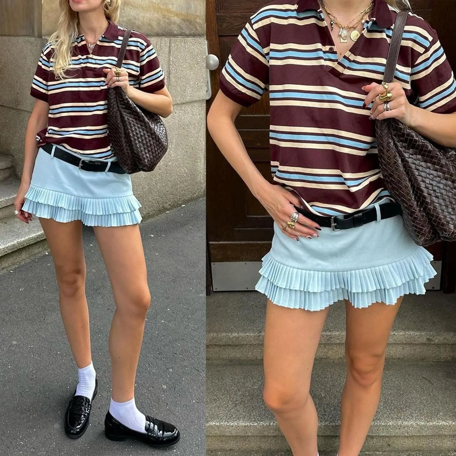 Pleated Skirts for Women Double Ruffle Mini Skirt Low Rise Sexy Pleated Skort for Going Out and Layered Ruffle Skirt