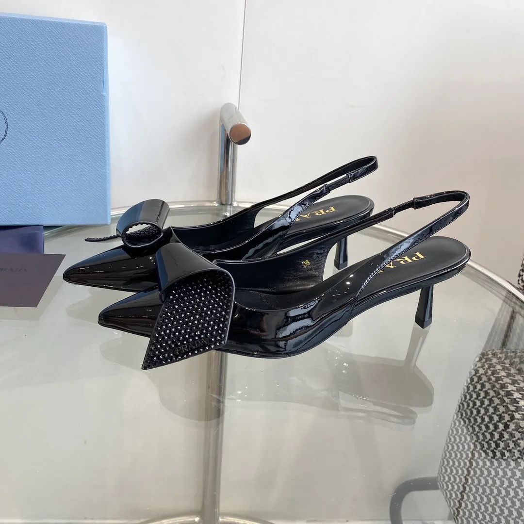 PRA SLINGBACK PUMPS GLOSSY BLACK ATTACHED BOW LAMBSKIN