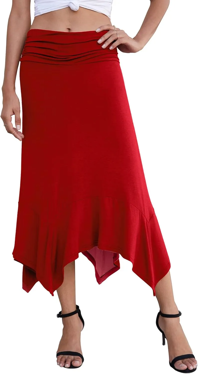 PrinStory Women's Casual Elegant Flowy Handkerchief Hemline Midi Skirt