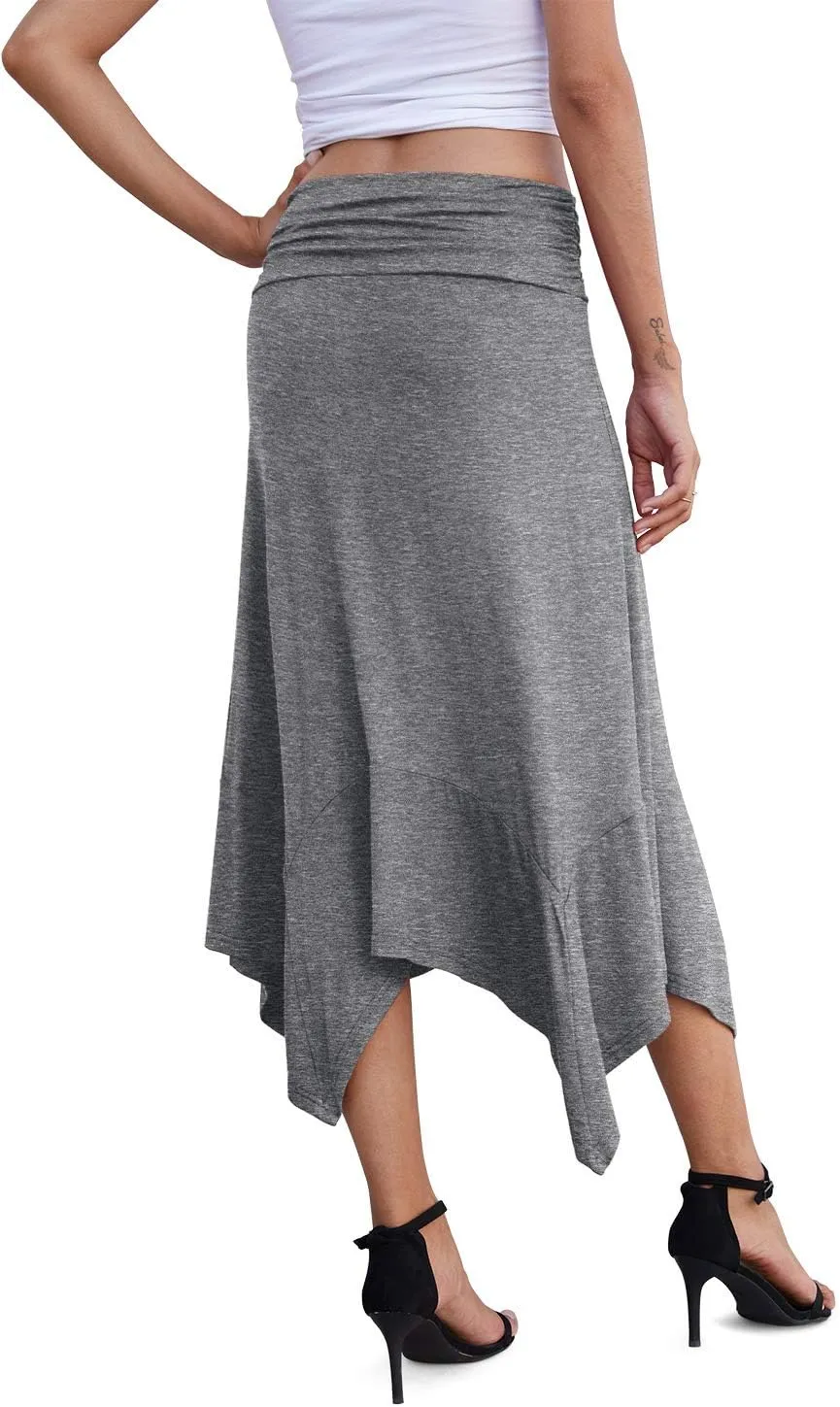 PrinStory Women's Casual Elegant Flowy Handkerchief Hemline Midi Skirt