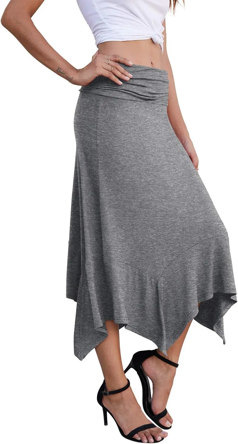 PrinStory Women's Casual Elegant Flowy Handkerchief Hemline Midi Skirt