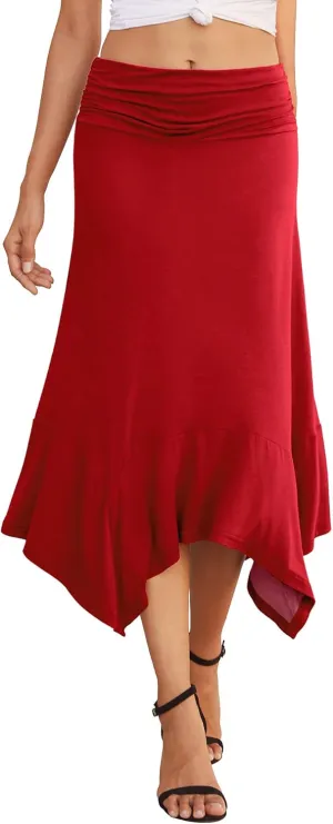 PrinStory Women's Casual Elegant Flowy Handkerchief Hemline Midi Skirt