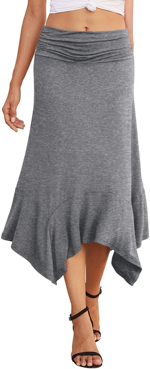 PrinStory Women's Casual Elegant Flowy Handkerchief Hemline Midi Skirt