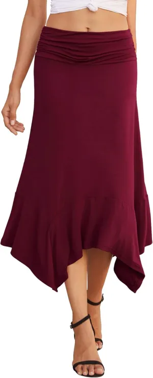 PrinStory Women's Casual Elegant Flowy Handkerchief Hemline Midi Skirt