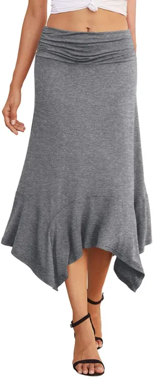 PrinStory Women's Casual Elegant Flowy Handkerchief Hemline Midi Skirt