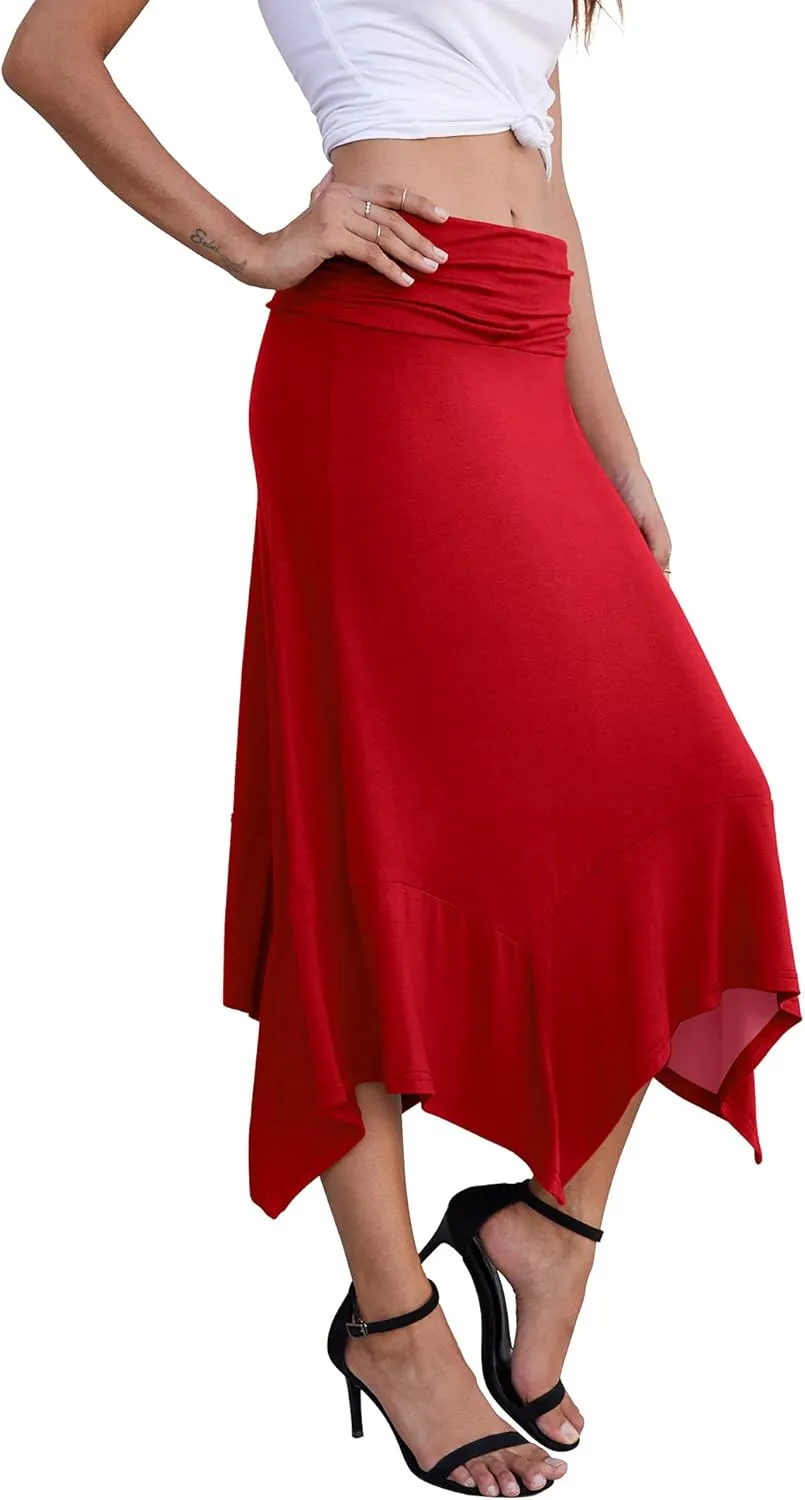 PrinStory Women's Casual Elegant Flowy Handkerchief Hemline Midi Skirt