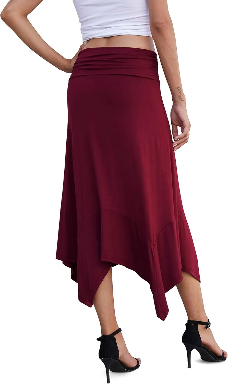 PrinStory Women's Casual Elegant Flowy Handkerchief Hemline Midi Skirt